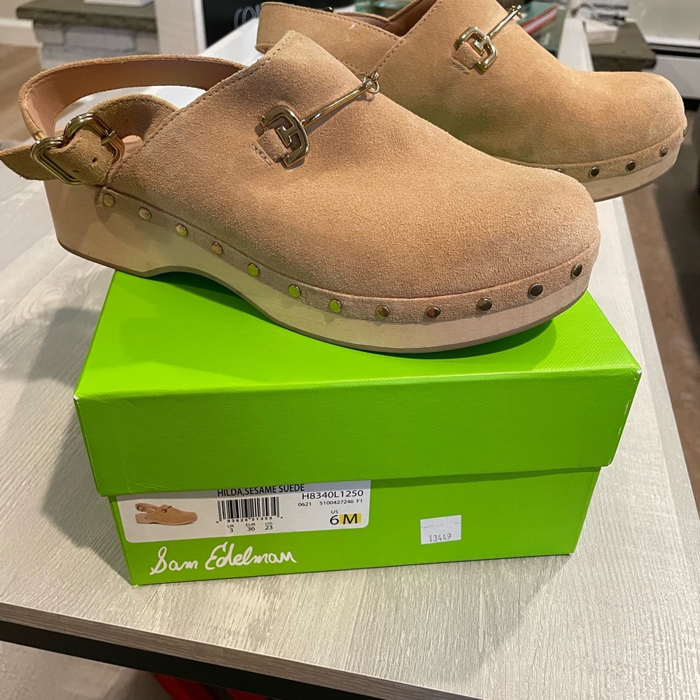 Sam Edelman Beige Suede Clogs with Gold Buckle
